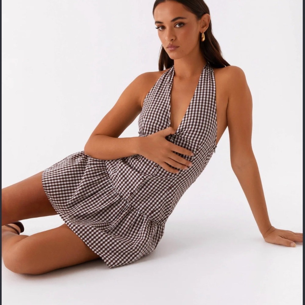 Peppermayo Brown Gingham Halter Mini Dress